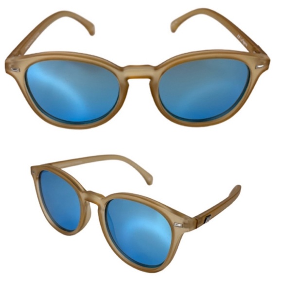 LE SPECS Bandwagon Sunglasses NEW Raw Sugar Frame With Blue Mirror Lens